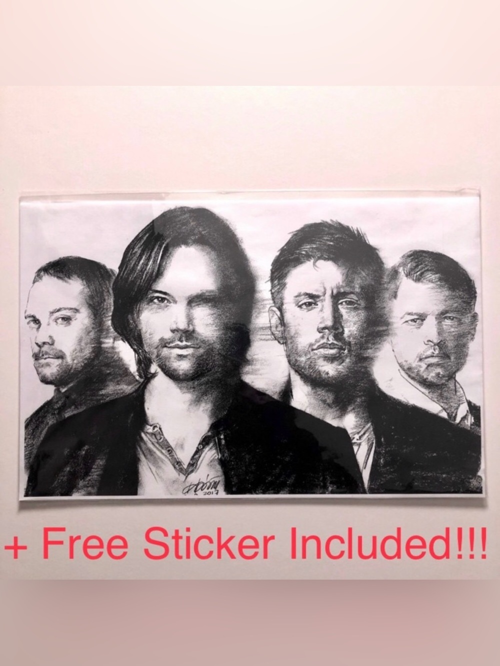 SPN Supernatural Charcoal Drawing Poster Wall Art + Free Sticker